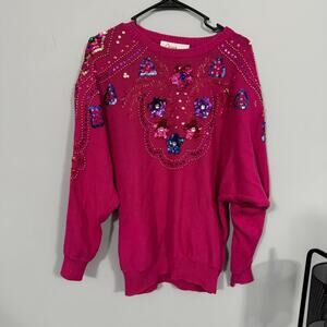 Vintage Diana Marco Deep Pink Beaded Sequin Pullover Sweater Womens Plus Size 22
